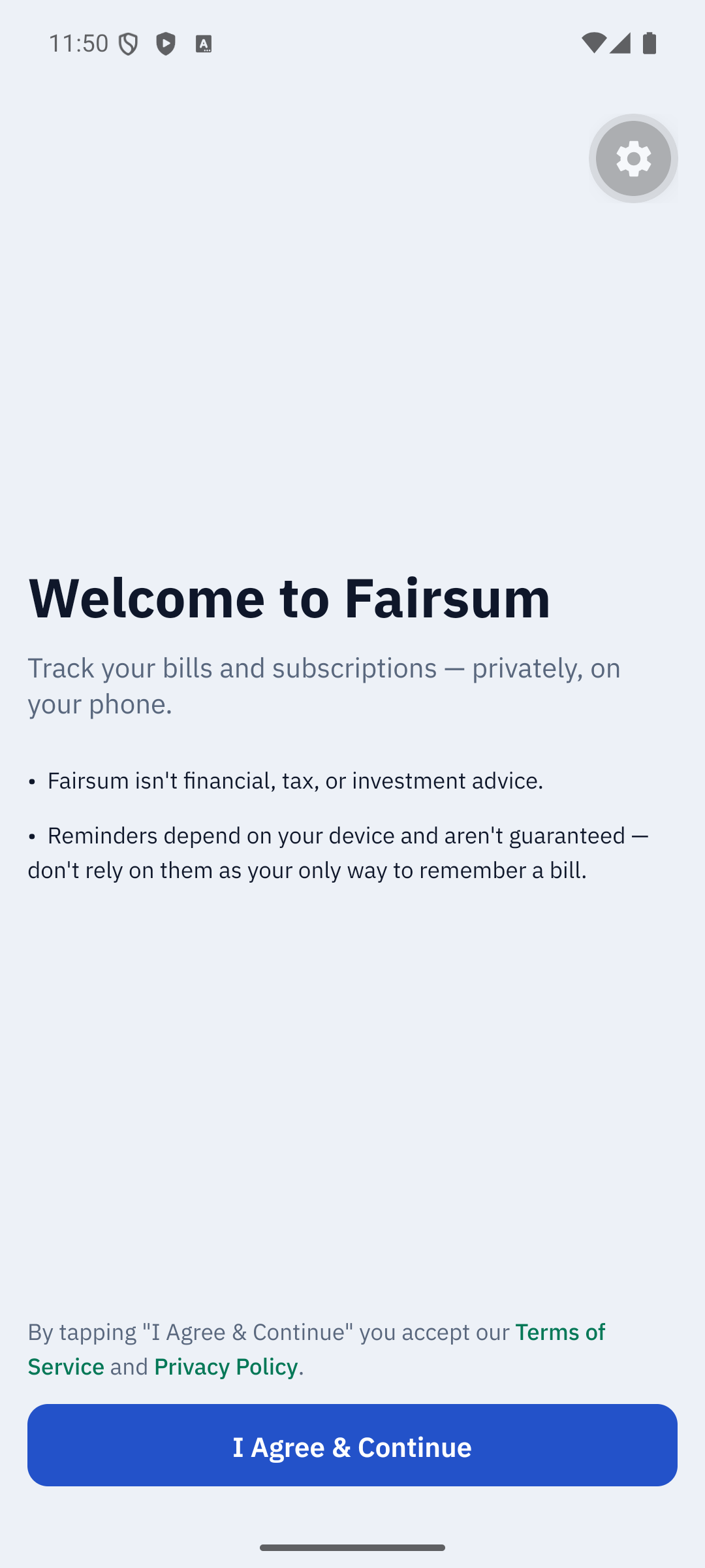 Fairsum welcome screen with links to Terms and Privacy