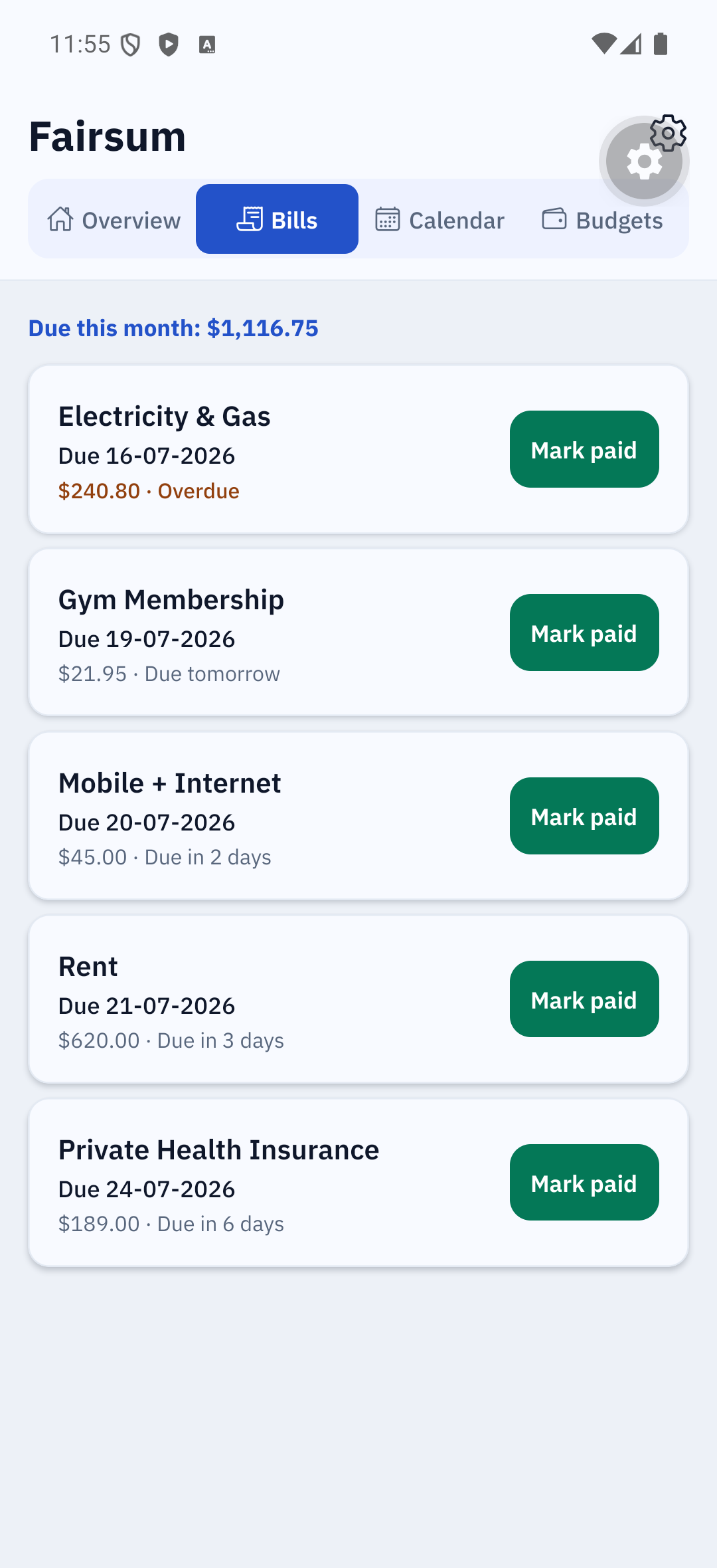 Bills tab — due and overdue