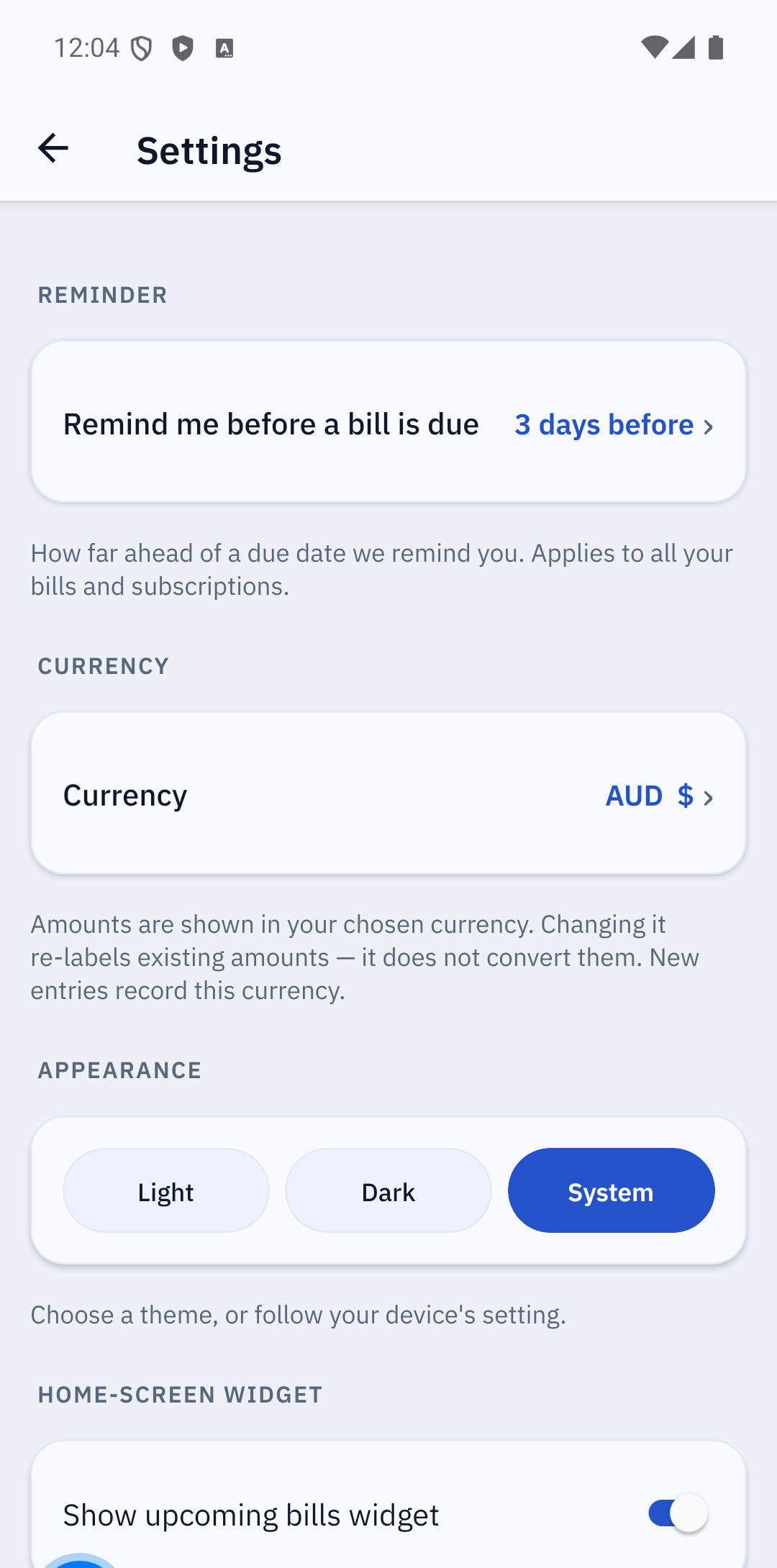 Settings screen
