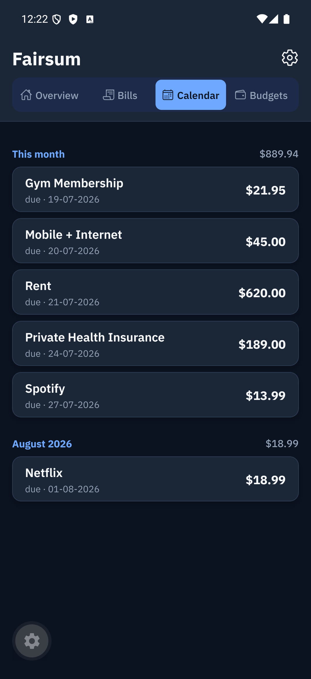 Calendar tab — upcoming bills and renewals